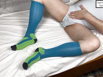Toying Cock and Ass, While Wearing Blue Compression Socks