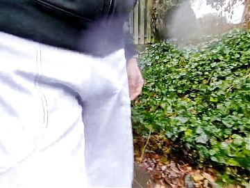 Freeballing and Bulging in public showing off my big cock in white sweatpants on a rainy day